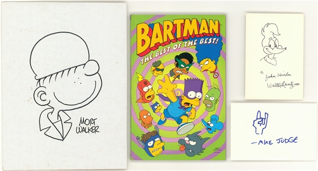 Lot of (4) Animators Signed Cuts & Sketches Signed By Matt Groening, Mort Walker, & Walter Lantz & Mike Judge (Beckett PreCert)